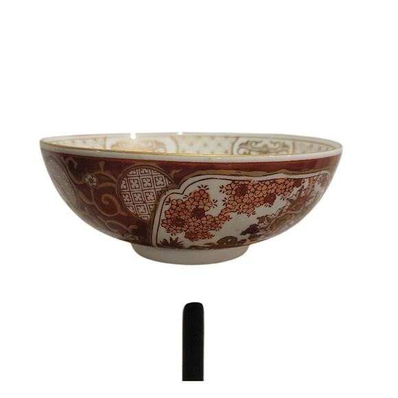 Vintage Porcelain Bowl Gold Imari Hand-Painted Sz 8.5" Asian Decor Red & White - Picture 11 of 16